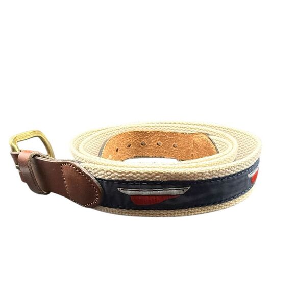 Leather Man Ltd. Belt Mens Size 42 Navy Leather Brass Buckle Woven Sailboat - Picture 11 of 16